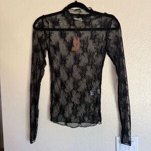 NWT NATURAL LIFE Sheer Black Floral Lace Long Sleeve Top